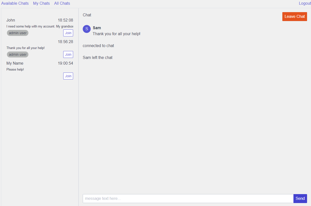 Screenshot of the main chat dashboard where users can view active conversations and team status.